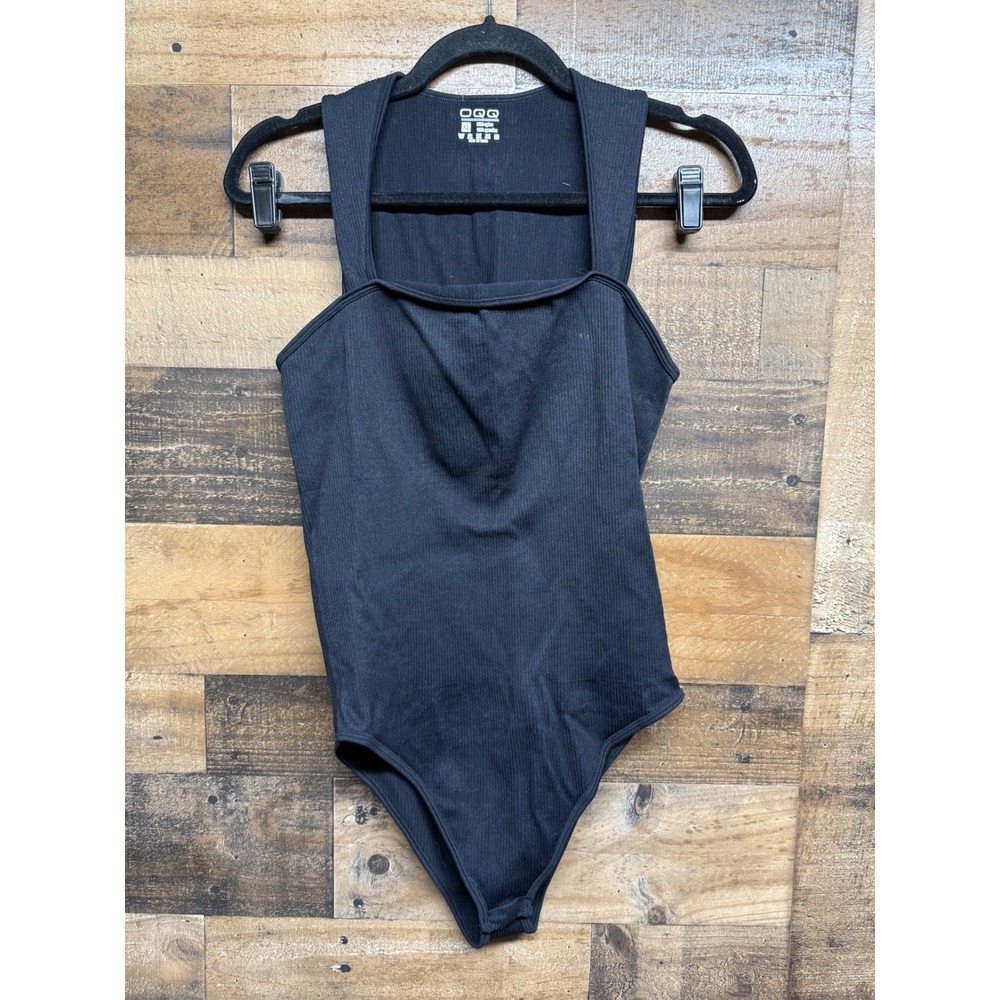 OQQ Womens Ribbed Bodysuit Black Square Neck Sleeveless Snap Closure XL